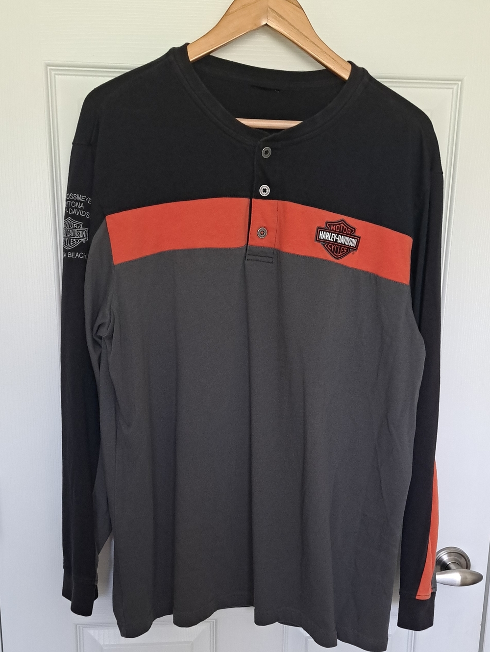 Harley-Davidson Black, Gray & Orange Mens Long Sleeve Henley Shirt
